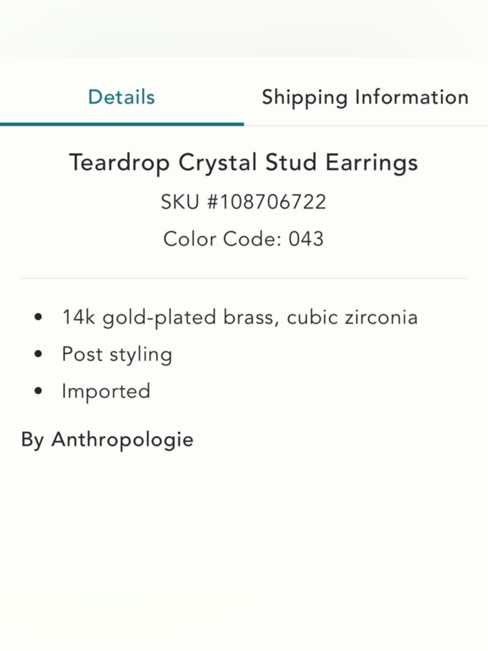 Anthropologie Gold Plated Teardrop Crystal Sapphire Blue Stud Earring - Picture 7 of 14